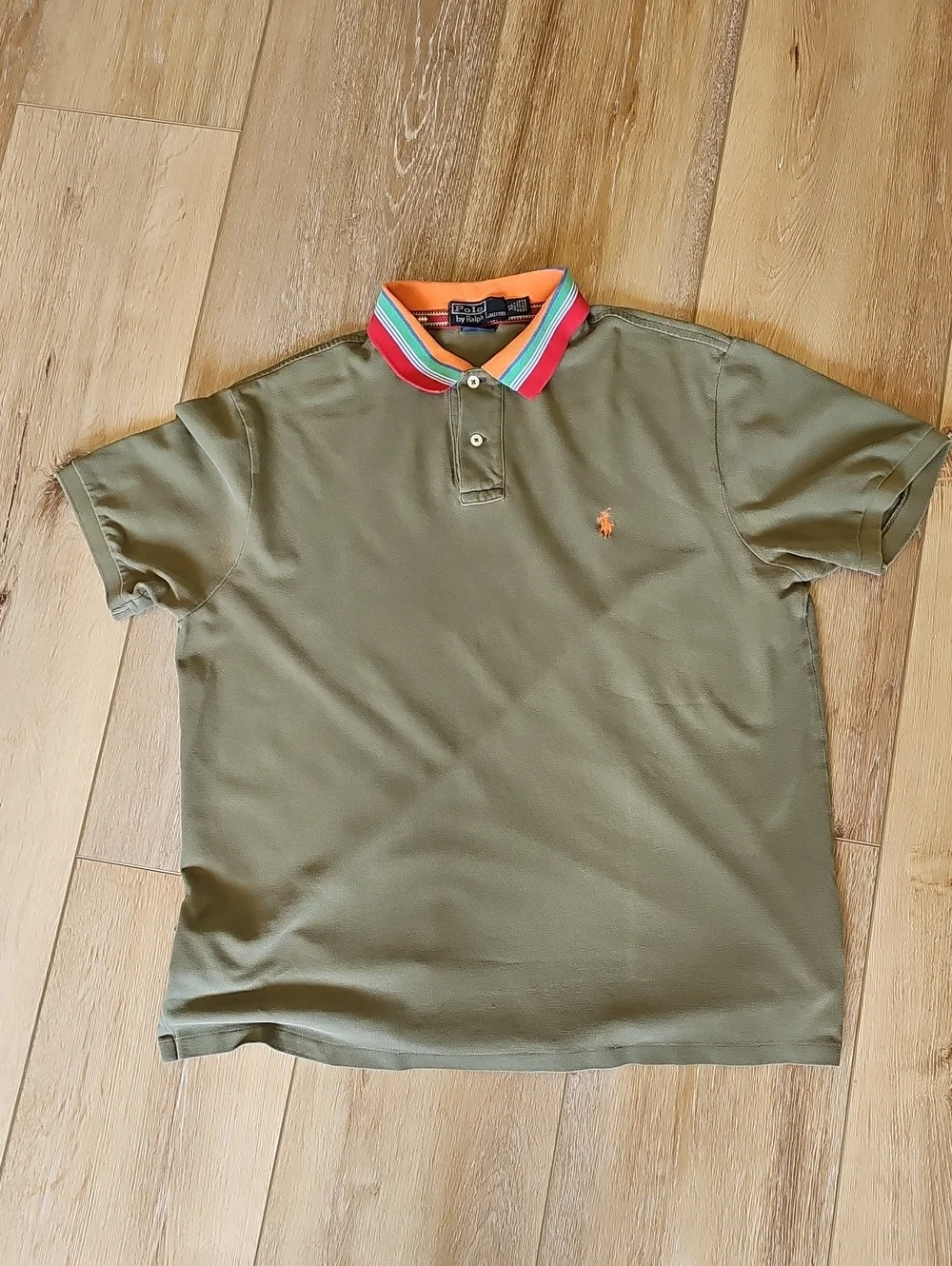 Ralph Lauren Olive Polo with Multi-Color Striped Collar